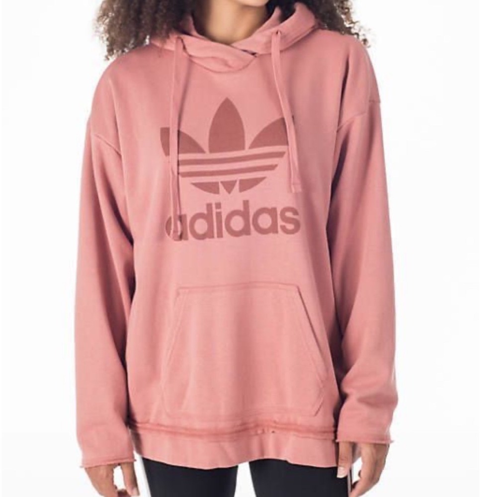 Adidas‎ | Woman's Pink Trefoil Raw Hem Oversized Pullover Drawstring Hoodie, XS